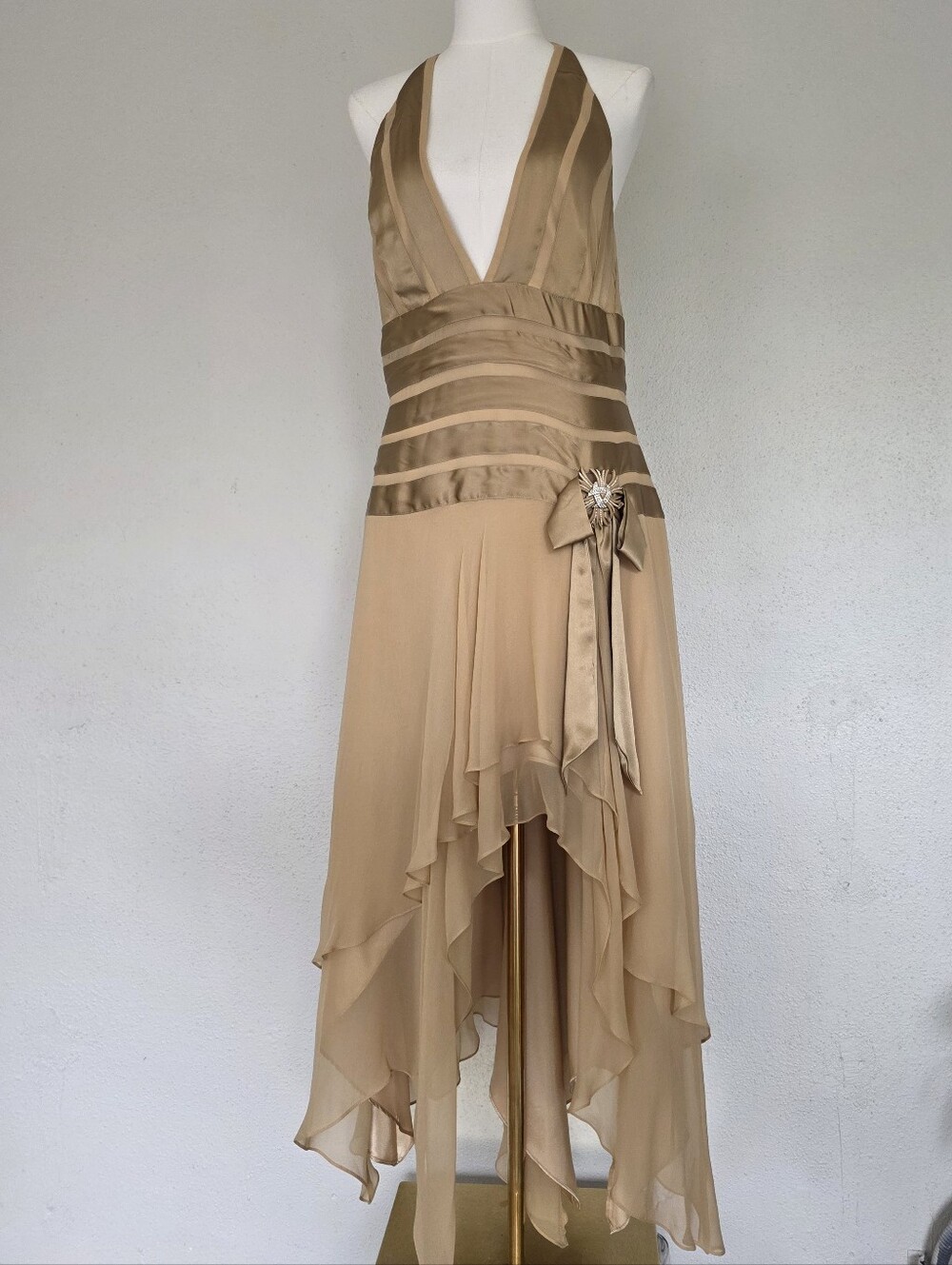Vintage La Femme Gold Silk  Drape Hankerchief Halter High Low 12